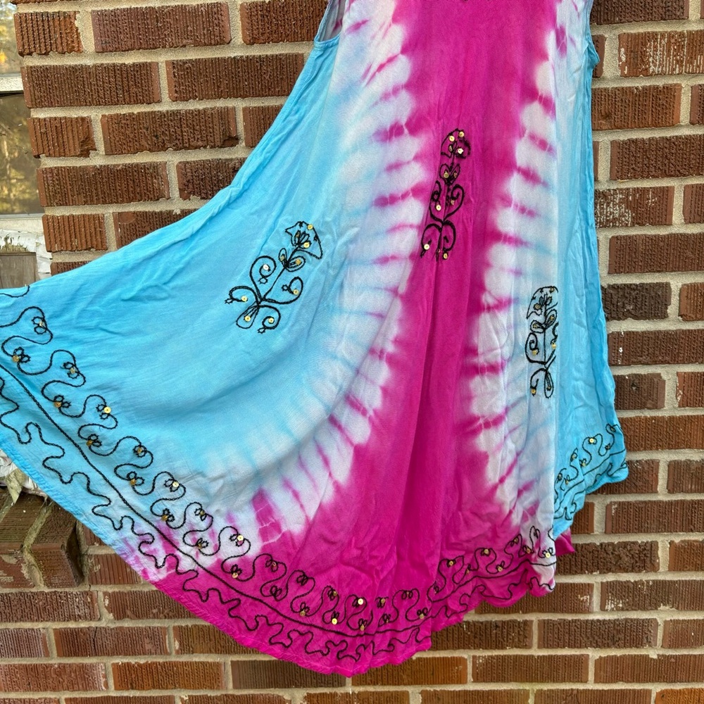 Embroidered Tie-Dye Umbrella Blue Pink Dress OS Light Breezy Beach Cover-Up - Picture 3 of 8